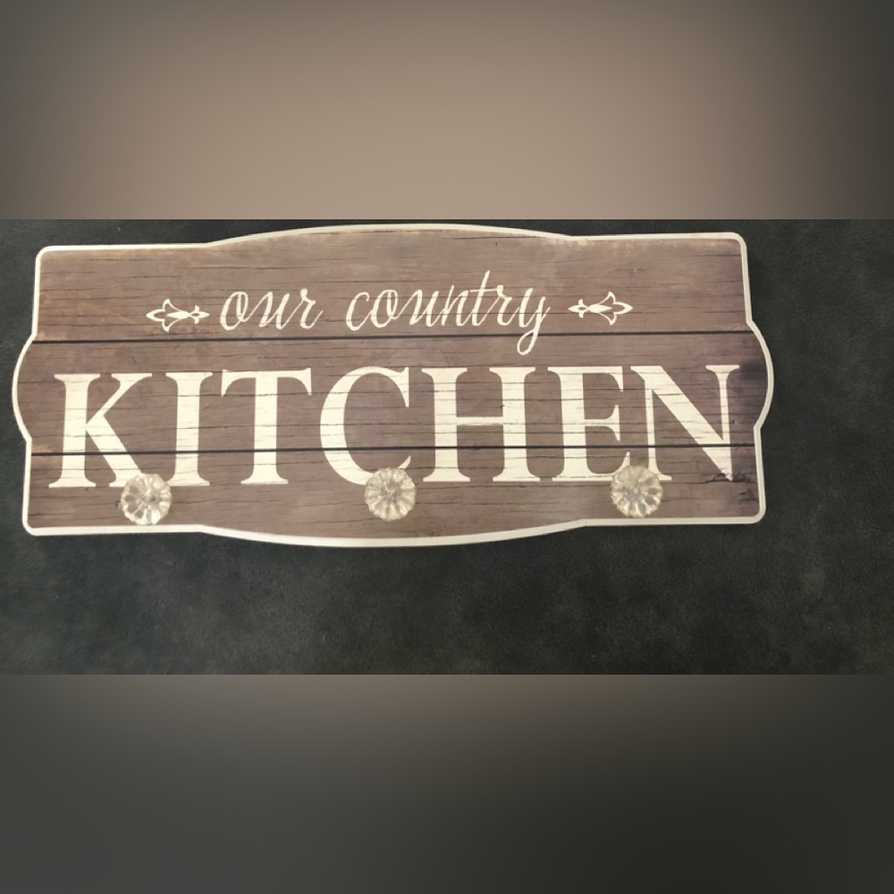 Our Country Kitchen Towel Wood Wall Hanger W/Glass Look Knobs Weathered Look